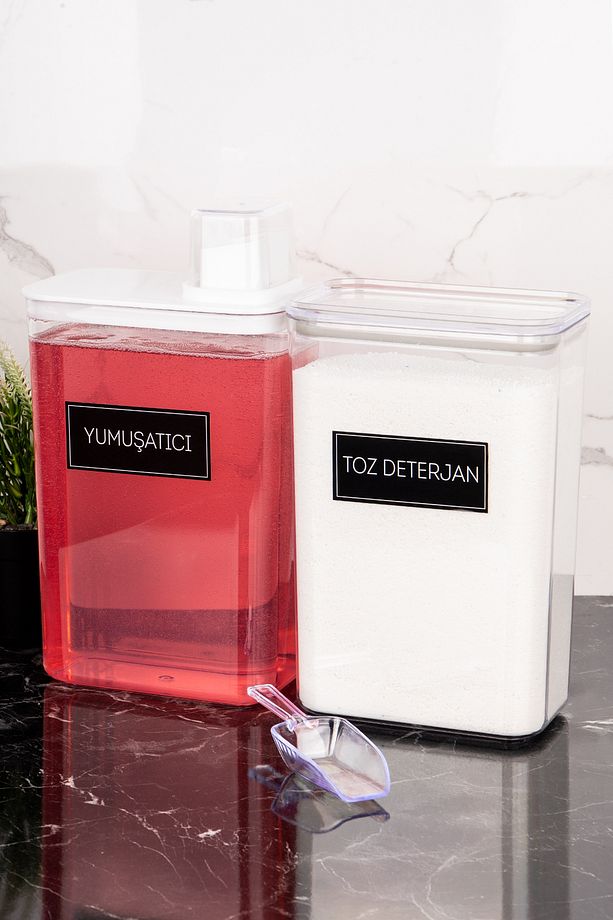 2'li Ölçekli Deterjanlık Kutusu Seti Yumuşatıcı Sıvı Deterjan Etiketli Saklama Kutusu 3000ml - 4