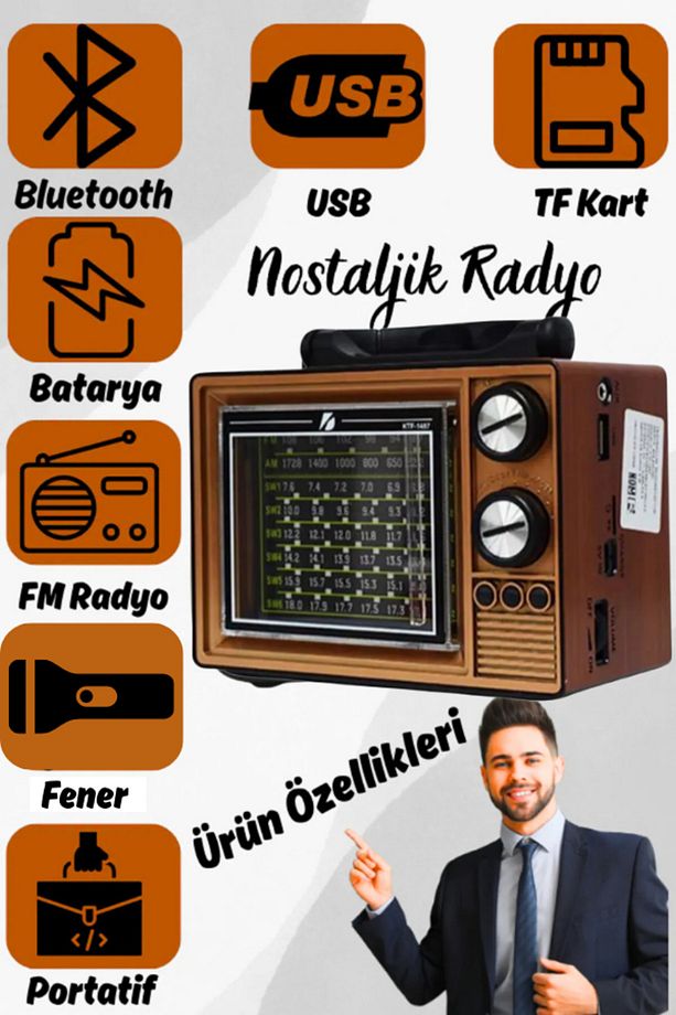 Nostaljik Radyo FM TF USB BT Destekli Bluetooth Fenerli Nostalji Radyo - 5