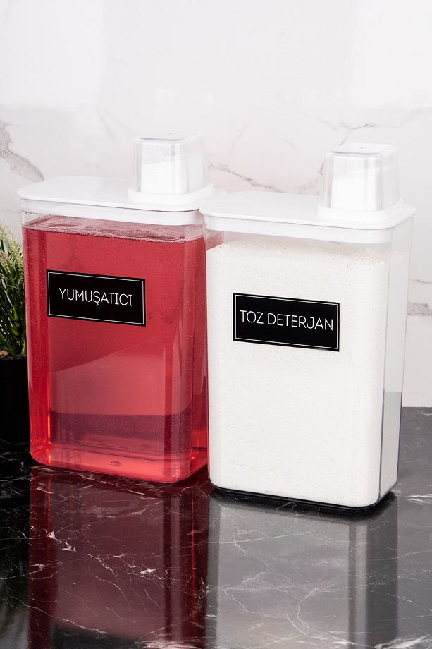 2'li Deterjanlık Kutusu Seti Toz Deterjan Yumuşatıcı Etiketli Saklama Kutusu 3000 ml Deterjan Seti - 4
