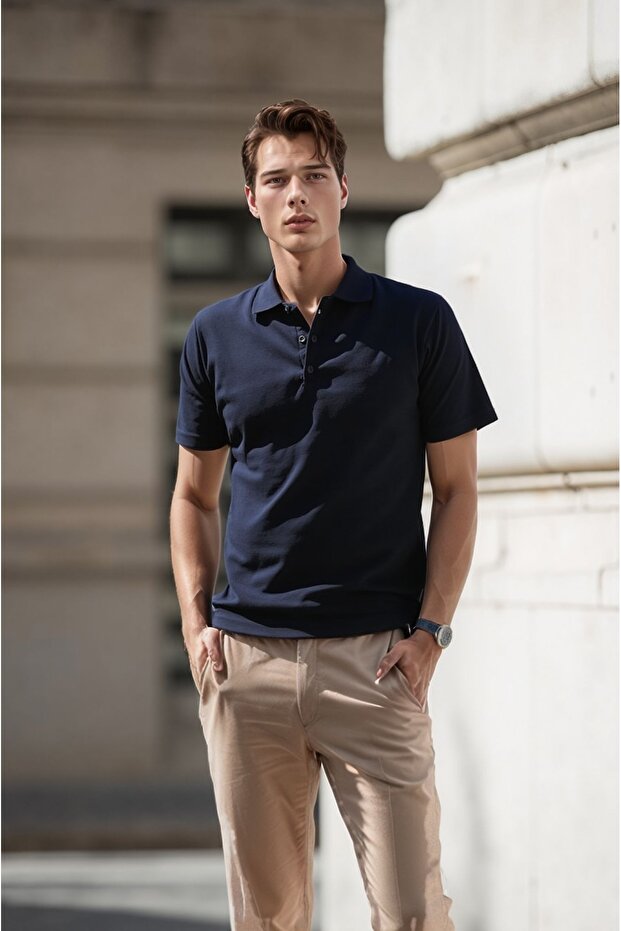 Men's Dark Navy Blue Cotton Polo Neck T-Shirt