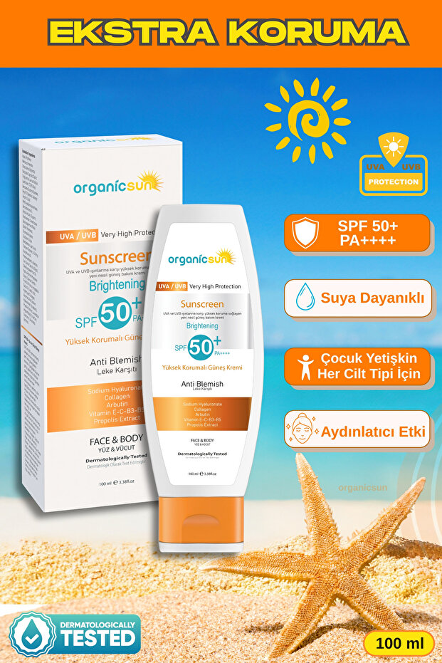 Spf 50+ Face and Body Sunscreen 100ml – High Protection, Anti-Blemish, Brightening, Waterproof