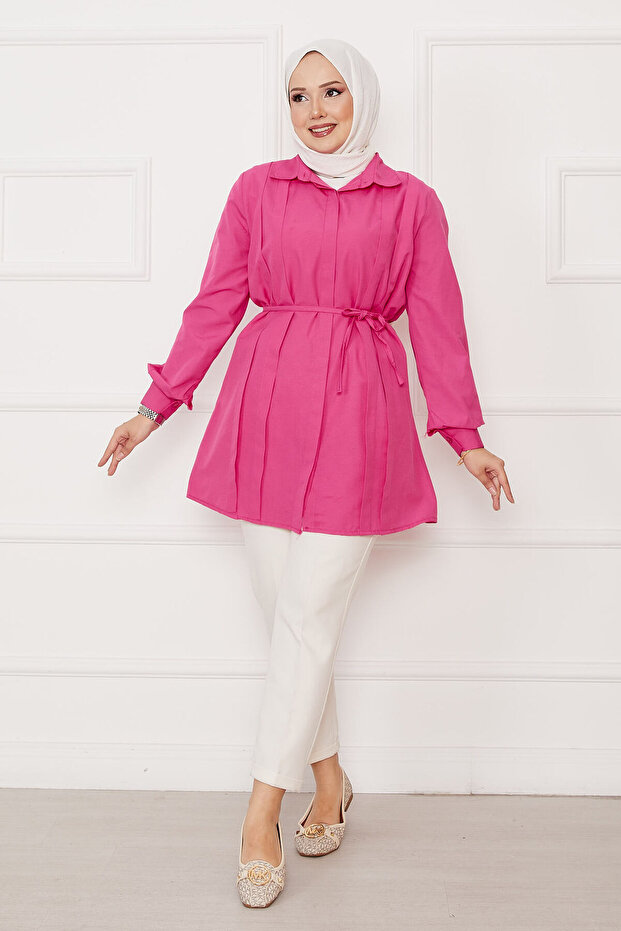 Boydan Hidden Buttoned Pleated Detailed Hijab Shirt Fuchsia