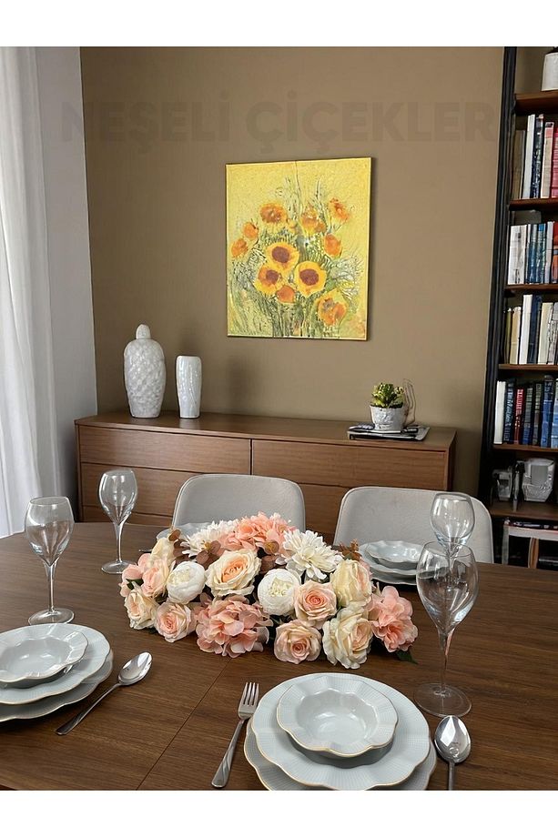 Yapay Çiçek Masa Çiçeği Masa Üstü Dekor 60x20 Cm Yemek Masası Düğün Nişan Masa Süsü Pastel Renk - 4