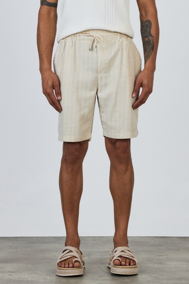 Premium Men's Elastic Waist 100% Cotton White Striped Ecru Woven Shorts Ls-93111