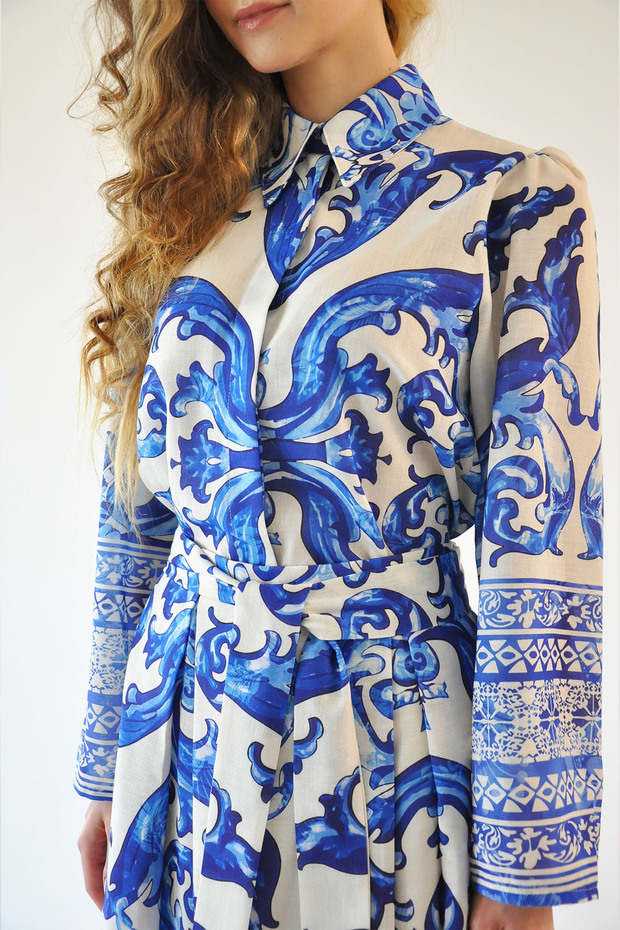 طقم شال منقوش - أزرق - 4