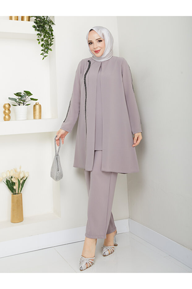 Honeycomb Fabric Women's Mom Suit with Striped Stone Pants