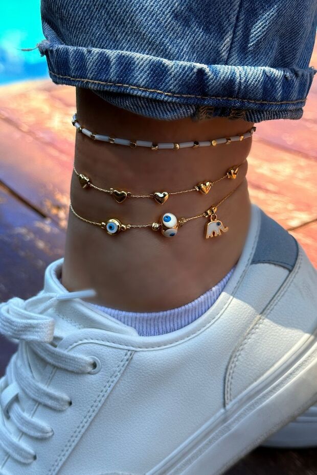 Luck Love Anklet Set - Evil Eye Beaded Heart Elephant Detailed 3-Piece Combination