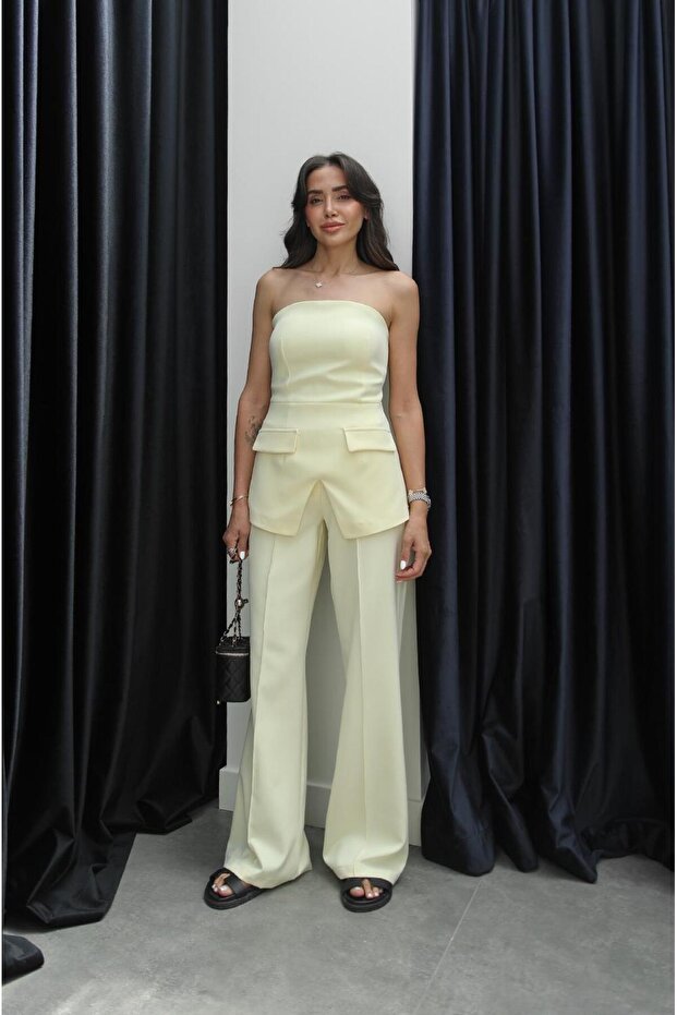Light Yellow Servitto Strapless Trousers Suit