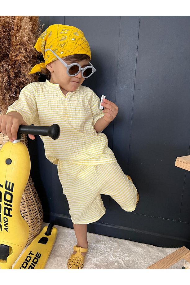 BEBEK ÇOCUK ERKEK UNiSEX SARI GOFRE KUMAS ALT ÜST TAKIM YAZLIK BOHEM - 3