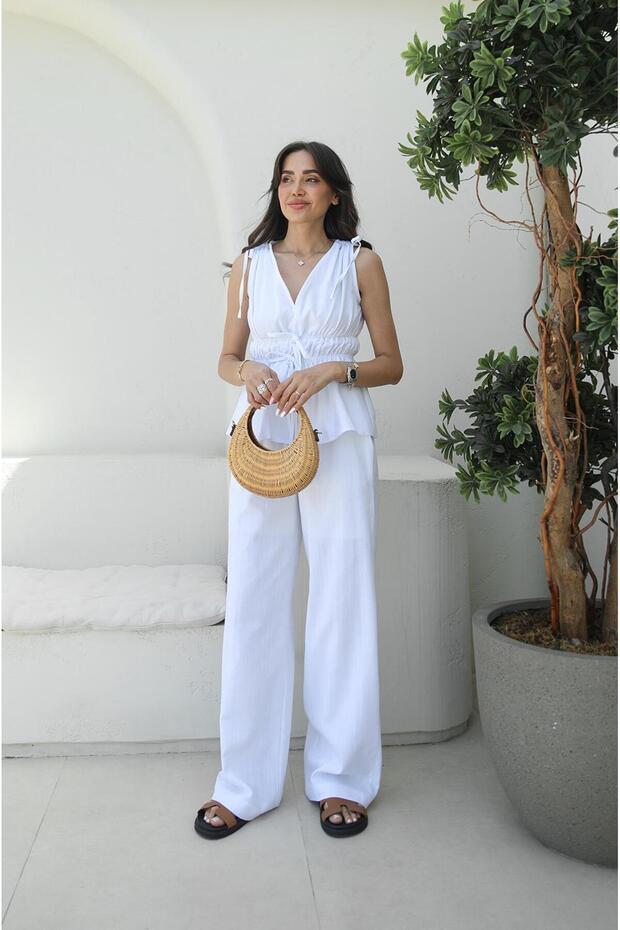 White Rubber Detailed Blouse Trousers Set