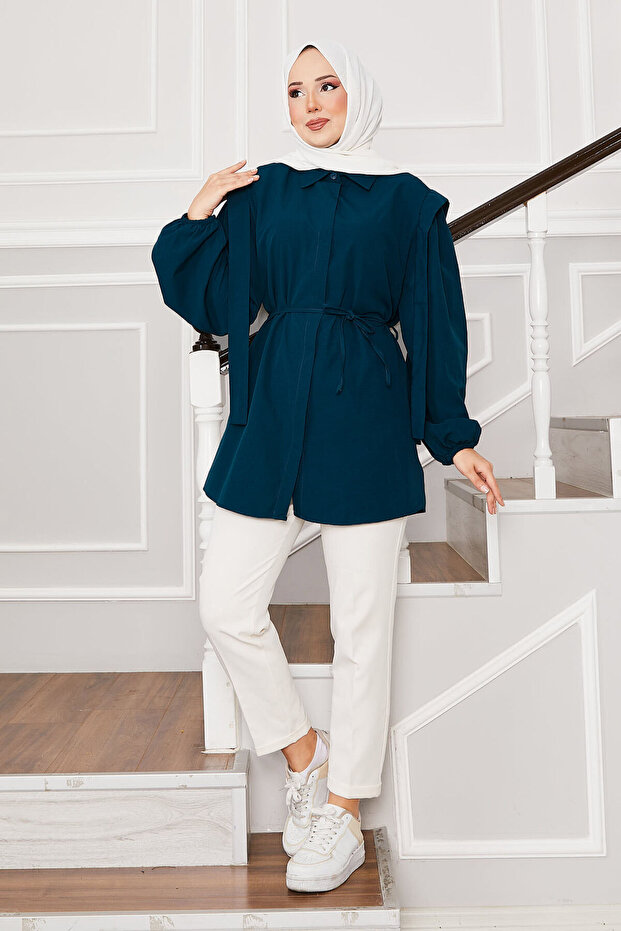 Shoulder Detailed Hidden Button Hijab Shirt Petrol