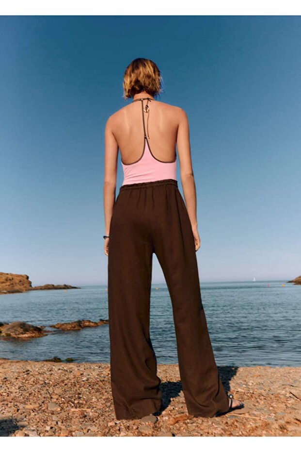 Keten karışımlı beli elastik pantolon - 4