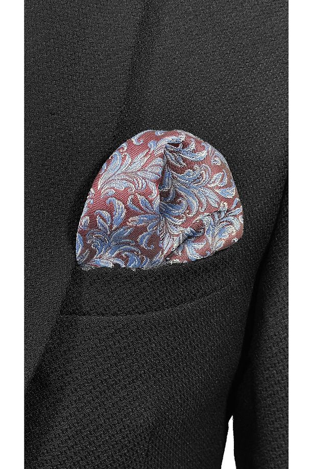 Bordo ve İndigo Mavisi Yaprak Motifli Mikrofiber Kravat ve Mendil Seti - 7 cm Modern Kesim - 5