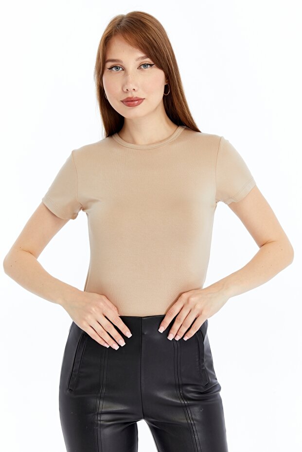 Women's Cream Round Neck Short Sleeve Viscose Blouse