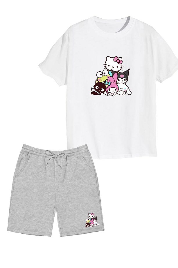 2'li Set Baskılı Kız Çocuk Pamuk Şort Tshirt Takım Kuromi HKitty 5 6 7 8 9 10 11 12 13 14 yaş Tişört - 1