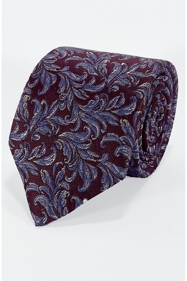 Bordo ve İndigo Mavisi Yaprak Motifli Mikrofiber Kravat ve Mendil Seti - 7 cm Modern Kesim - 1