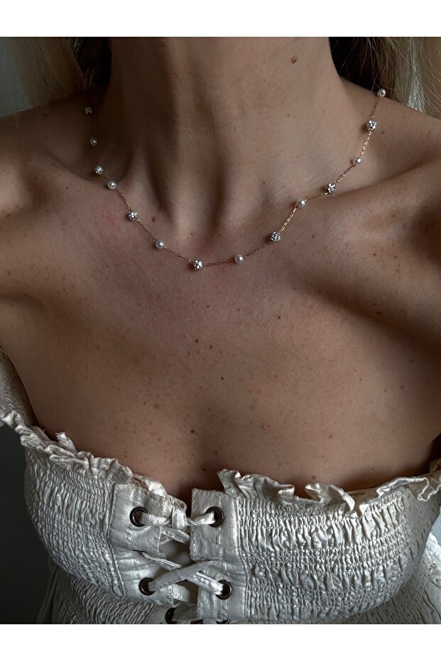 Stainless Steel Imported Pearl and Stone Necklace