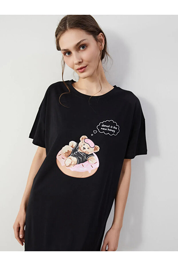 Lcw Young Black Crew Neck Bear Teddy Printed Women's Nightgown