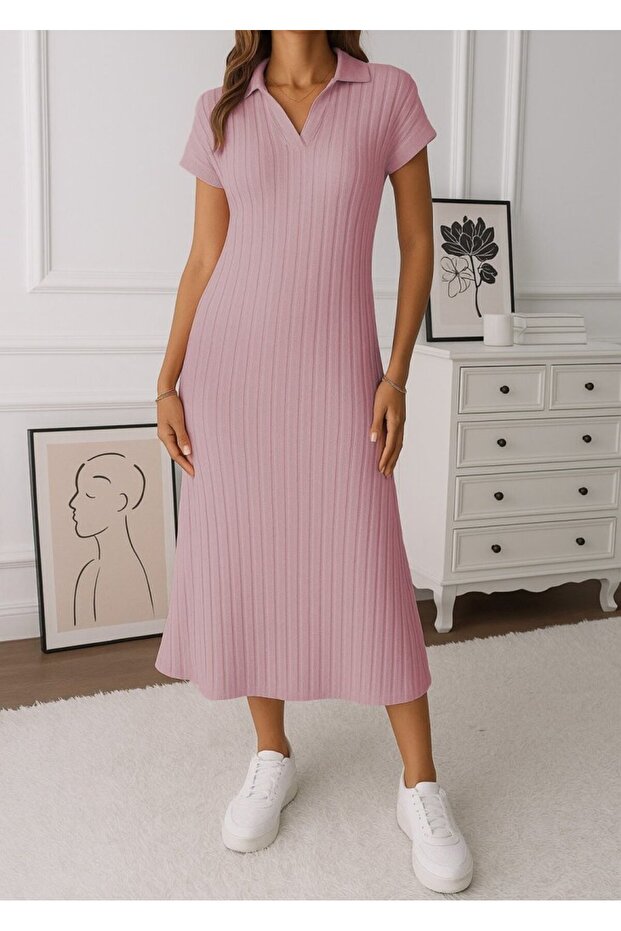 Women Short Sleeve Collared Side Slit Thick Twill Camisole Dress