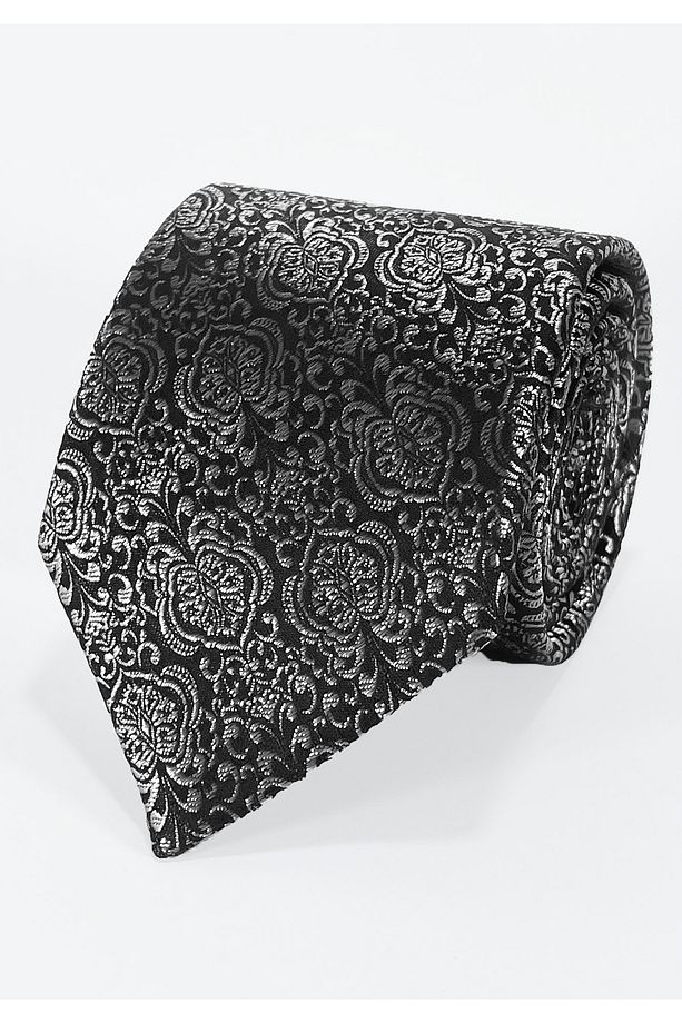 Siyah Zemin Üzerine Gri Vintage Motifli Mikrofiber Kravat ve Mendil Takımı - 7 cm Modern Kesim - 1
