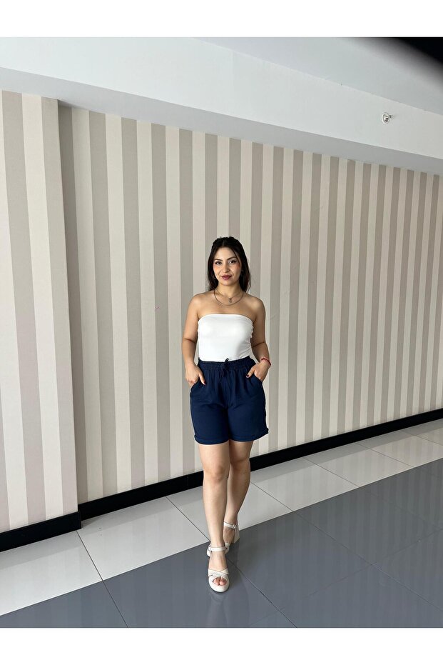 Kadın Lacivert Beli Lastikli Bağcıklı Müslin Şort - 6