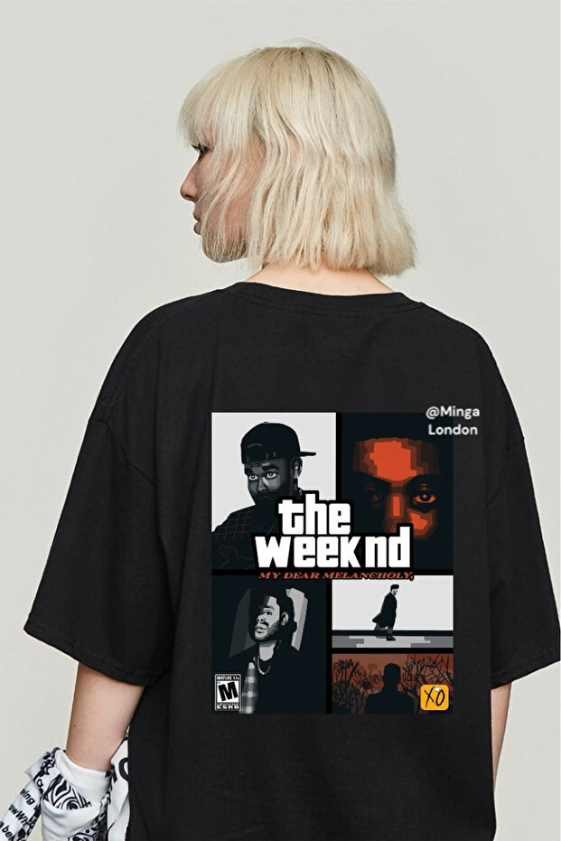Black the Weekend Photo Collage Back Printed Oversize Tshirt -Minga London