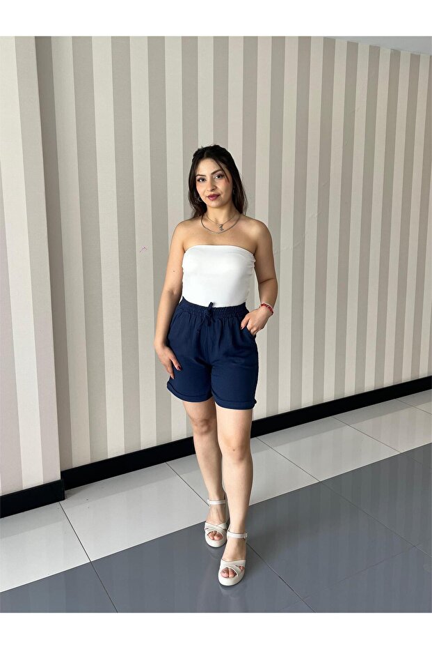 Kadın Lacivert Beli Lastikli Bağcıklı Müslin Şort - 5