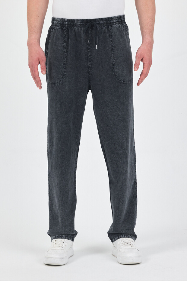 Men's Anthracite Elastic Waist 100% Cotton Washed Trousers Kırteks