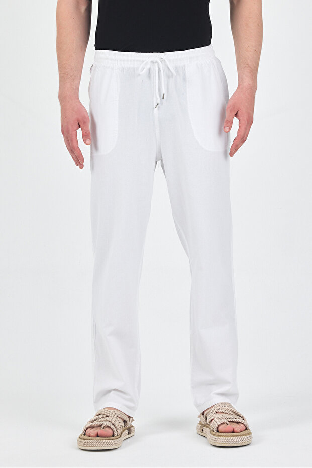 Men's White Elastic Waist 100% Cotton Trousers