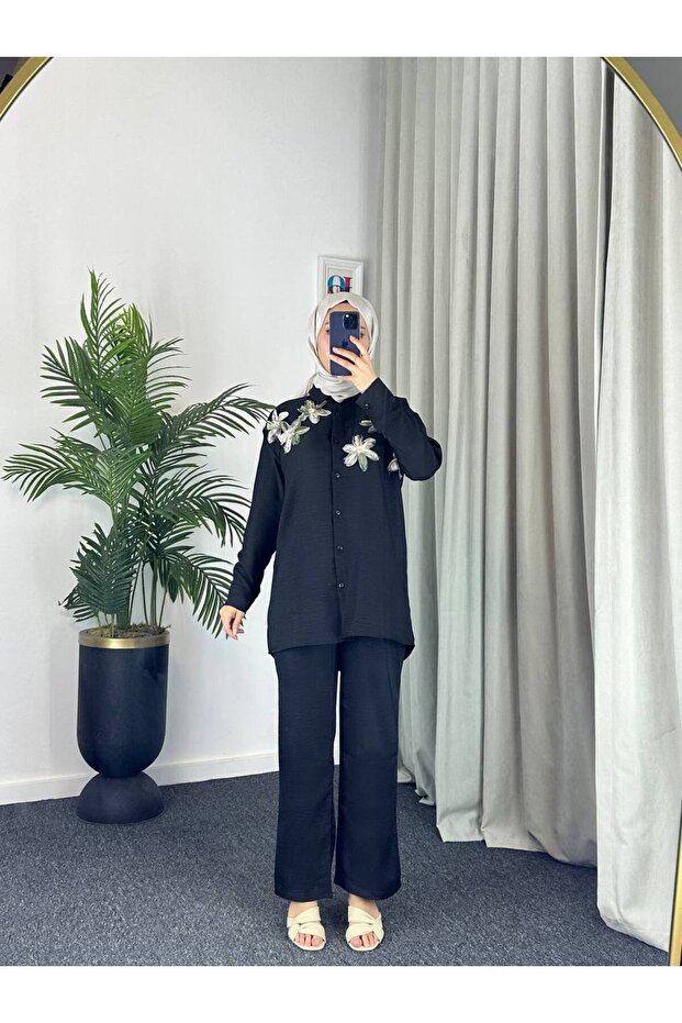 7756 - Linen Hijab Double Suit Black