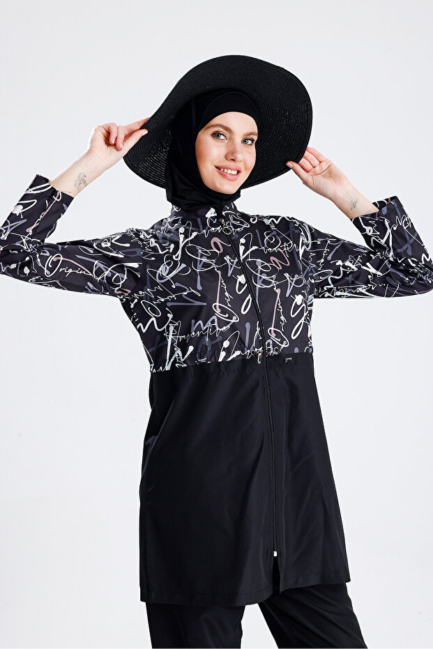 Water Repellent Parachute Hijab Swimsuit Straw Hat Not Included Black Written