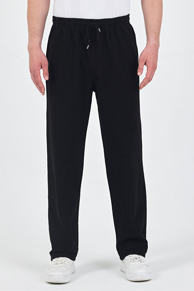 Men's Black Elastic Waist 100% Cotton Trousers