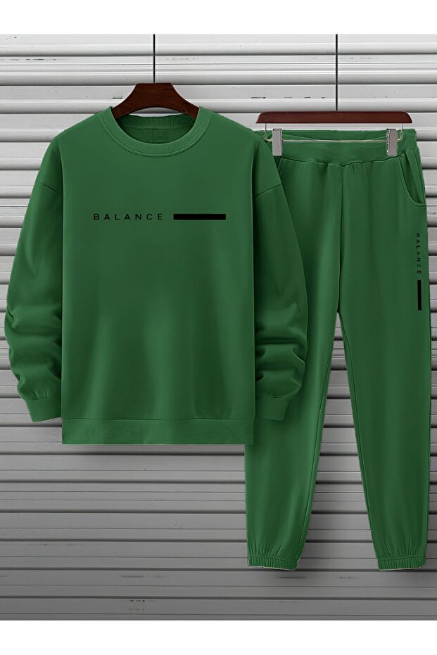 3 İplik Balance Sweatshirt Sweatpants Jogger - Nefti Green Printed Sweatpants Set Crew Neck