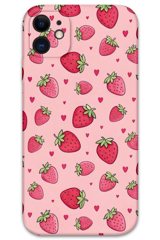 iPhone 12 Compatible Strawberry Patterned Phone Case + Screen Protector - 5804