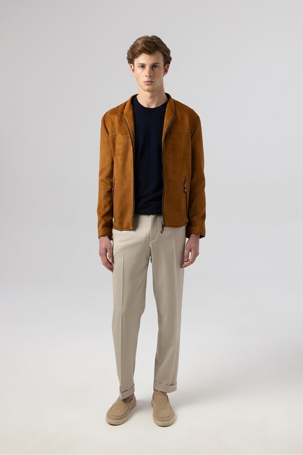 Italian Style Slim Fit Seasonal Suede Coat Thin Tan Jacket 5095-P08-04