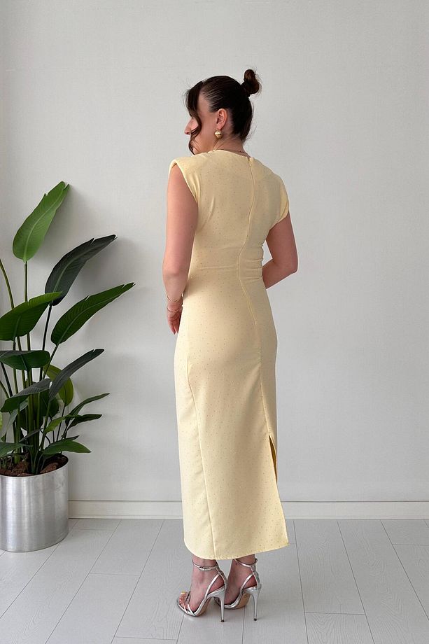 Parıltılı Krep Elbise Sarı - 3