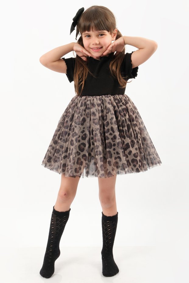 Leopard Print Girl Short Sleeve Birthday Party Dress