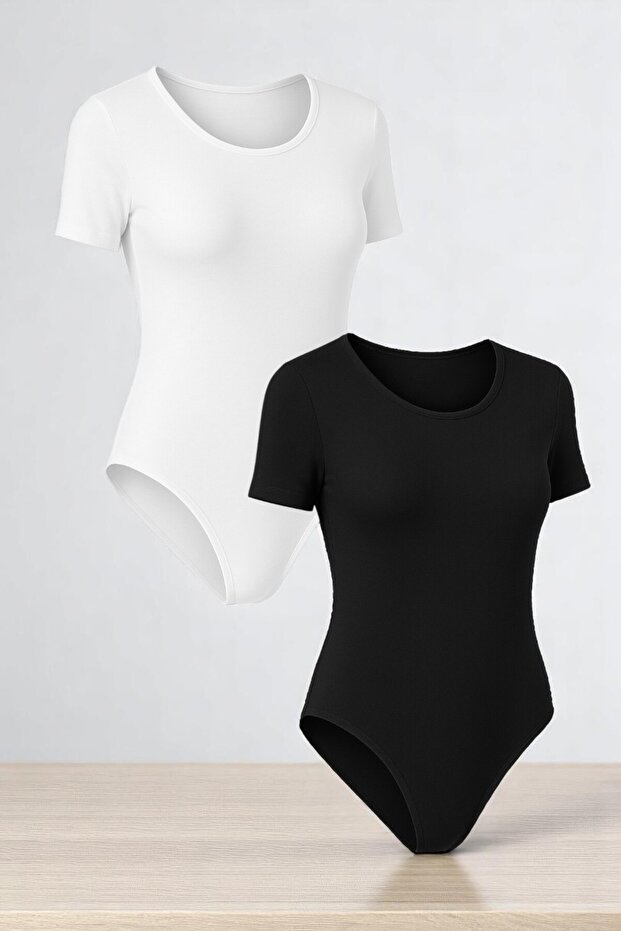 Women's Cotton Stretch Fabric Combed Cotton Short Sleeve Crew Neck Black & White 2-Piece Hooked Bodysuit