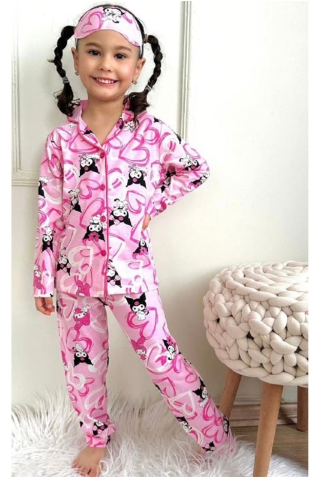 Pijakids Kuromi Patterned Front Buttoned 2 Piece Pajama Set Lilac and Pink 50137 - 3