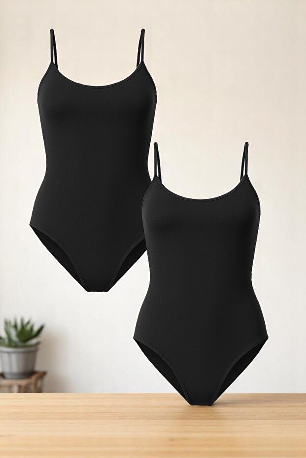 Women's Cotton Stretch Fabric Combed Cotton Thin Strap Black 2-Piece Hooked Bodysuit