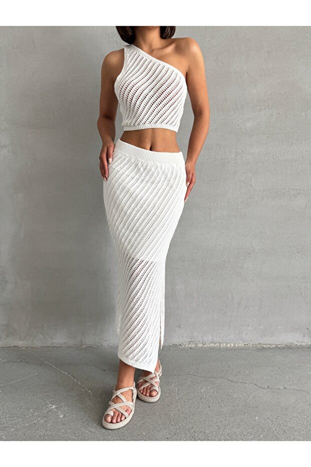 Women's Ecru Openwork Summer Knitwear Crop Skirt Set