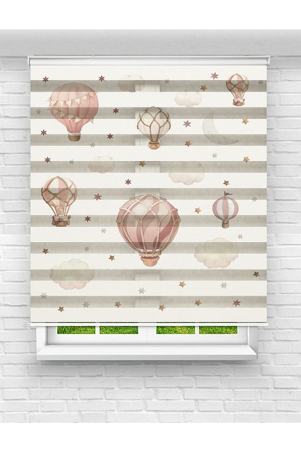 Çocuk Odası Uçan Balon ve Renkli Yıldızlar Temalı Zebra Stor Perde - 1