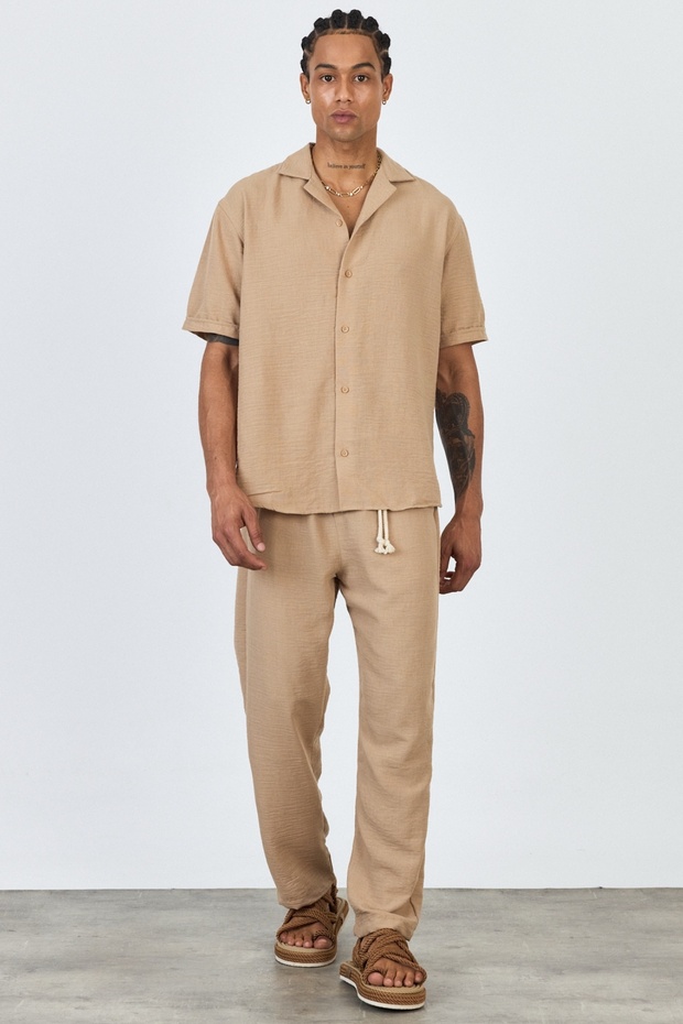 Premium Men's Summer Comfortable Fit Short Sleeve Shirt & Pants Bottom Top Light Coffee Linen Suit Ls-5698