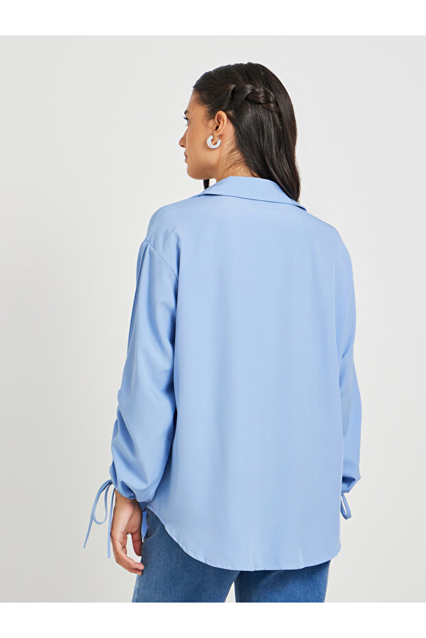 Solid Drawstring Sleeve Cuffs Oversized Shirts - 5