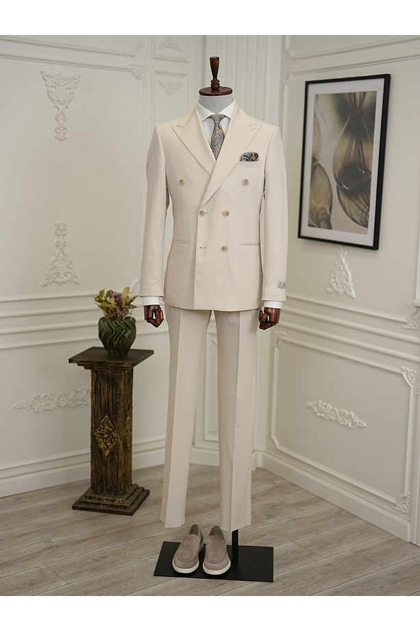 Premium Erkek Slim Fit İtayan Stil Modelli Pantolon Kruvaze Takım Elbise - XPRZCOM3407 - 5