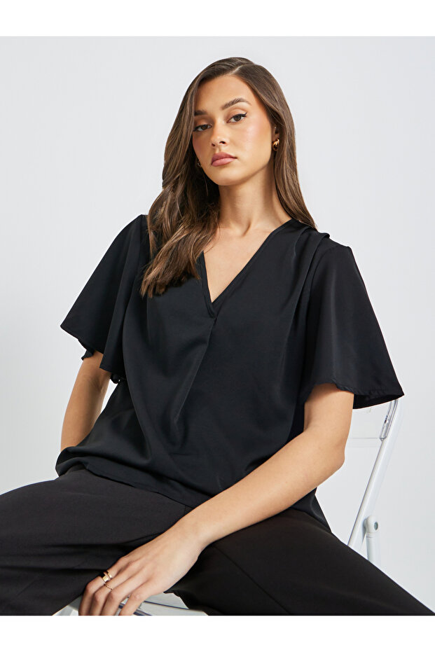 Solid Batwing Sleeve V-Neck Blouse - 1