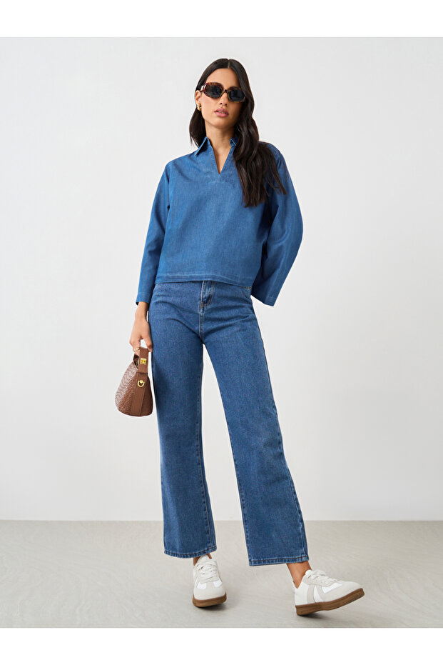 Solid Collared Long Sleeve Boxy Denim Top - 2