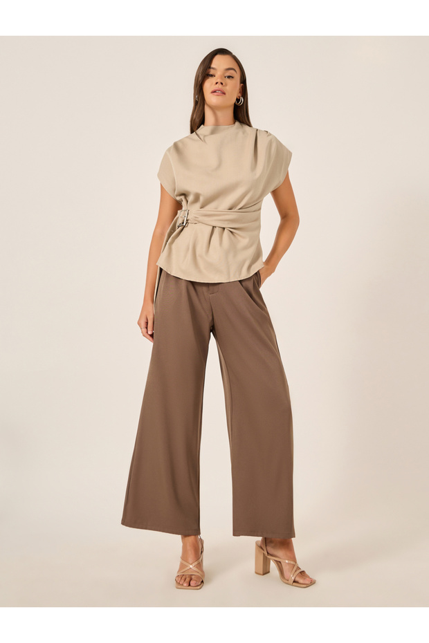 High Neck Sleeveless Top with Belt Detail