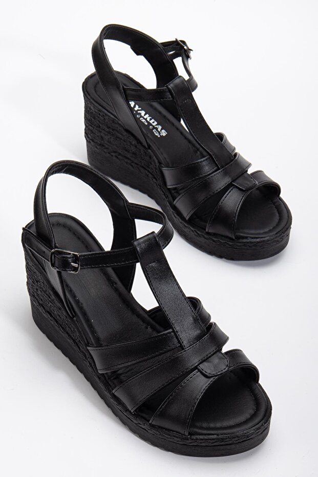 Women's Wedge Heel Sandals Shoes Black 3-Striped Hard Hat