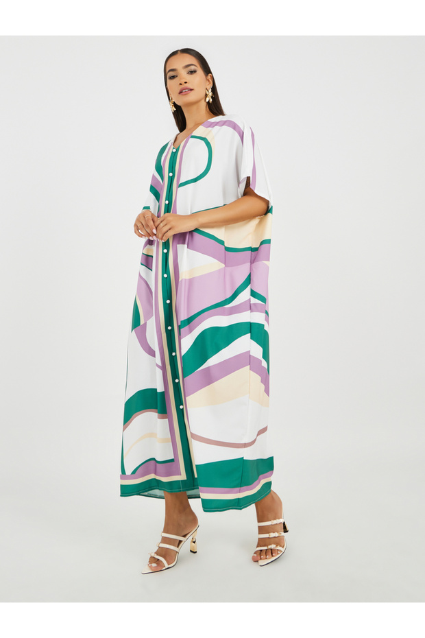 All-Over Print V-Neck Kaftan Dress